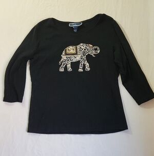 Karen Scott Black Long Sleeve Tee with Elephant Motif